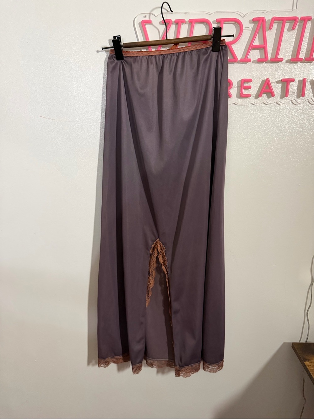 Satin-Look Long Slip Skirt with Lace Trim - Purple/Brown